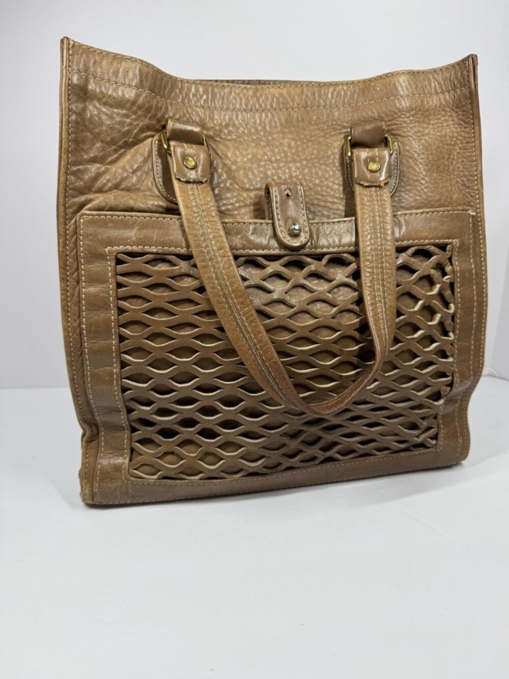 Bonnie Cashin For Meyers Brown Leather Tote Bag With Woven Front Panel & Dual Ha